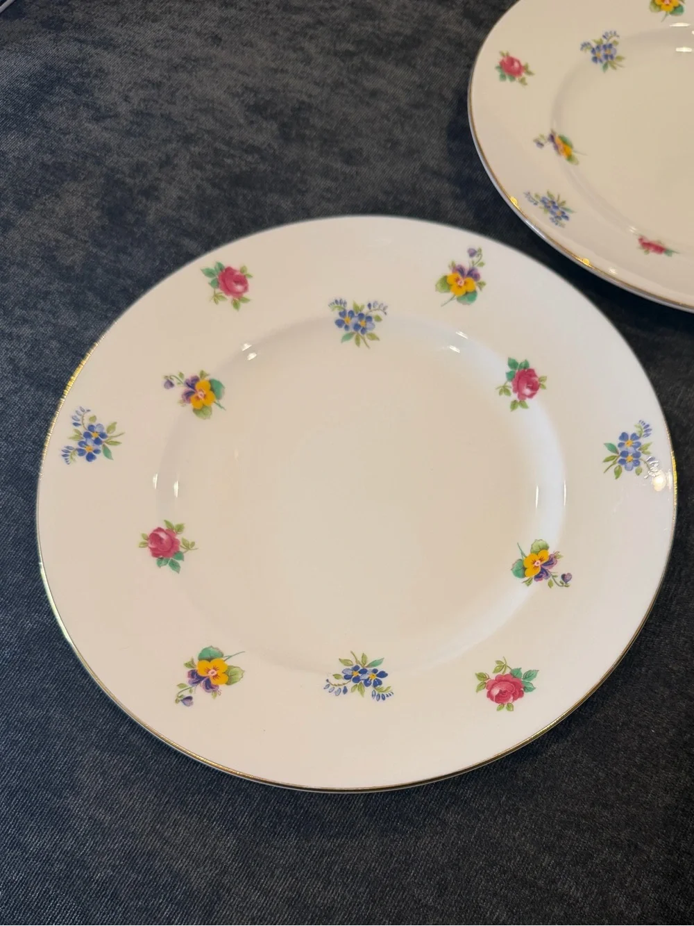 Set of 2 English Crown Staffordshire China Luncheon Plates in “Rose Pansy” Print